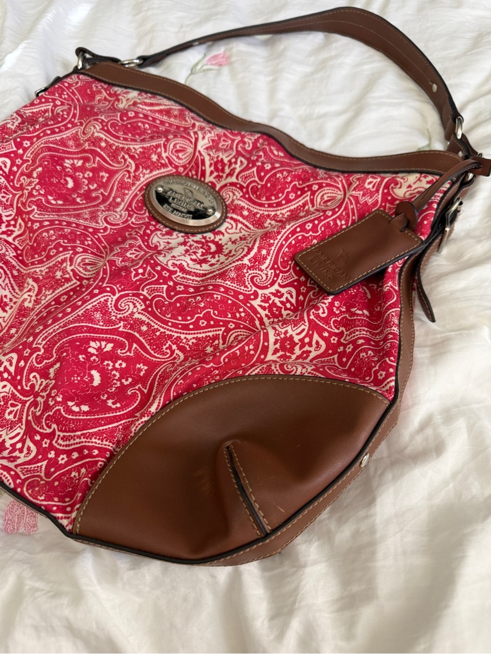 Vintage American Red Paisley Shoulder Bag with Brown Trim